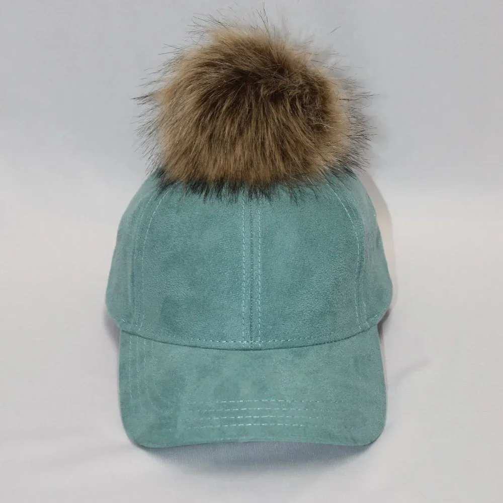 C.C Suede Removable Fur Pom Teal Baseball Cap